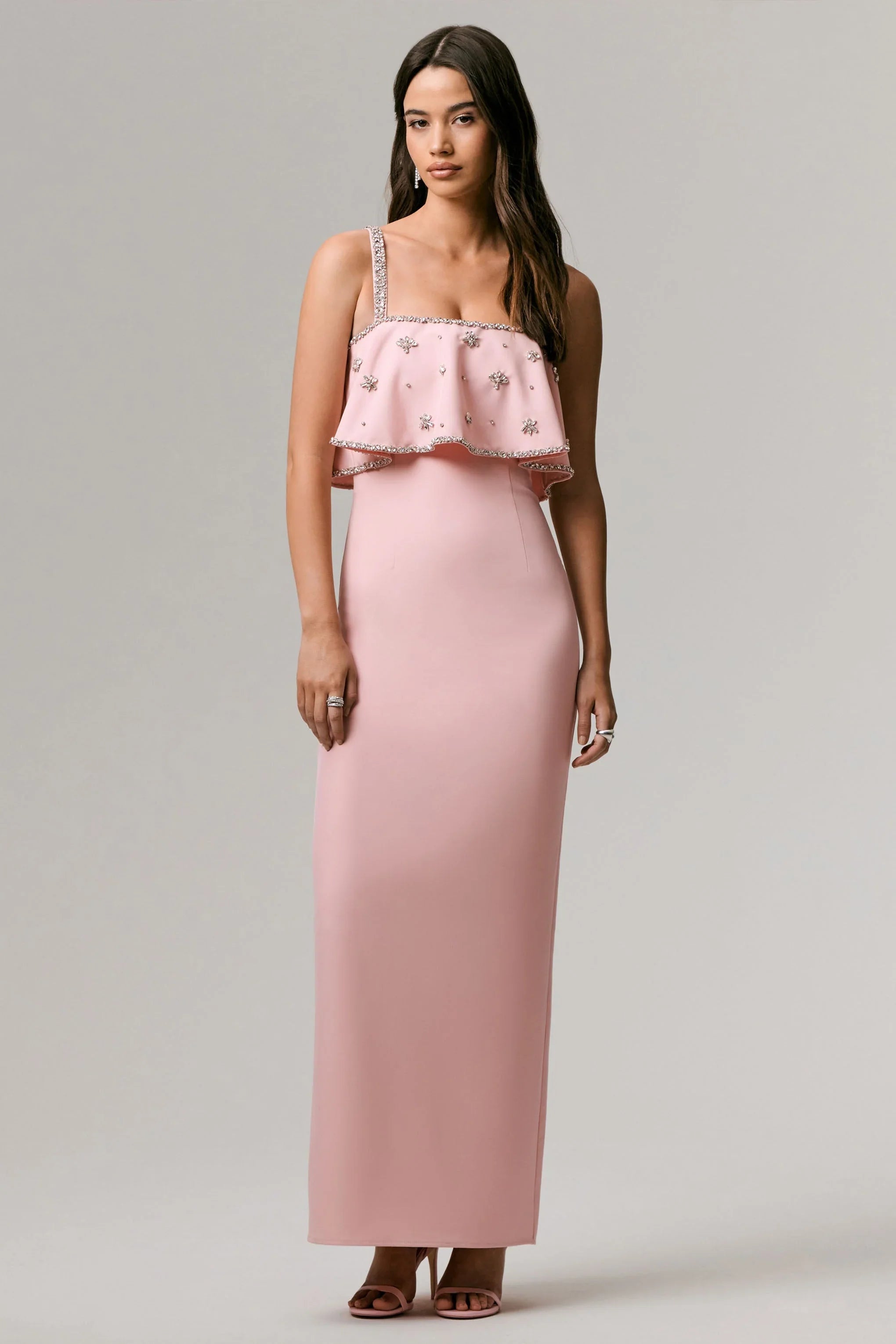 Scarlet Pale Pink Square Neck Embellished Maxi Dress