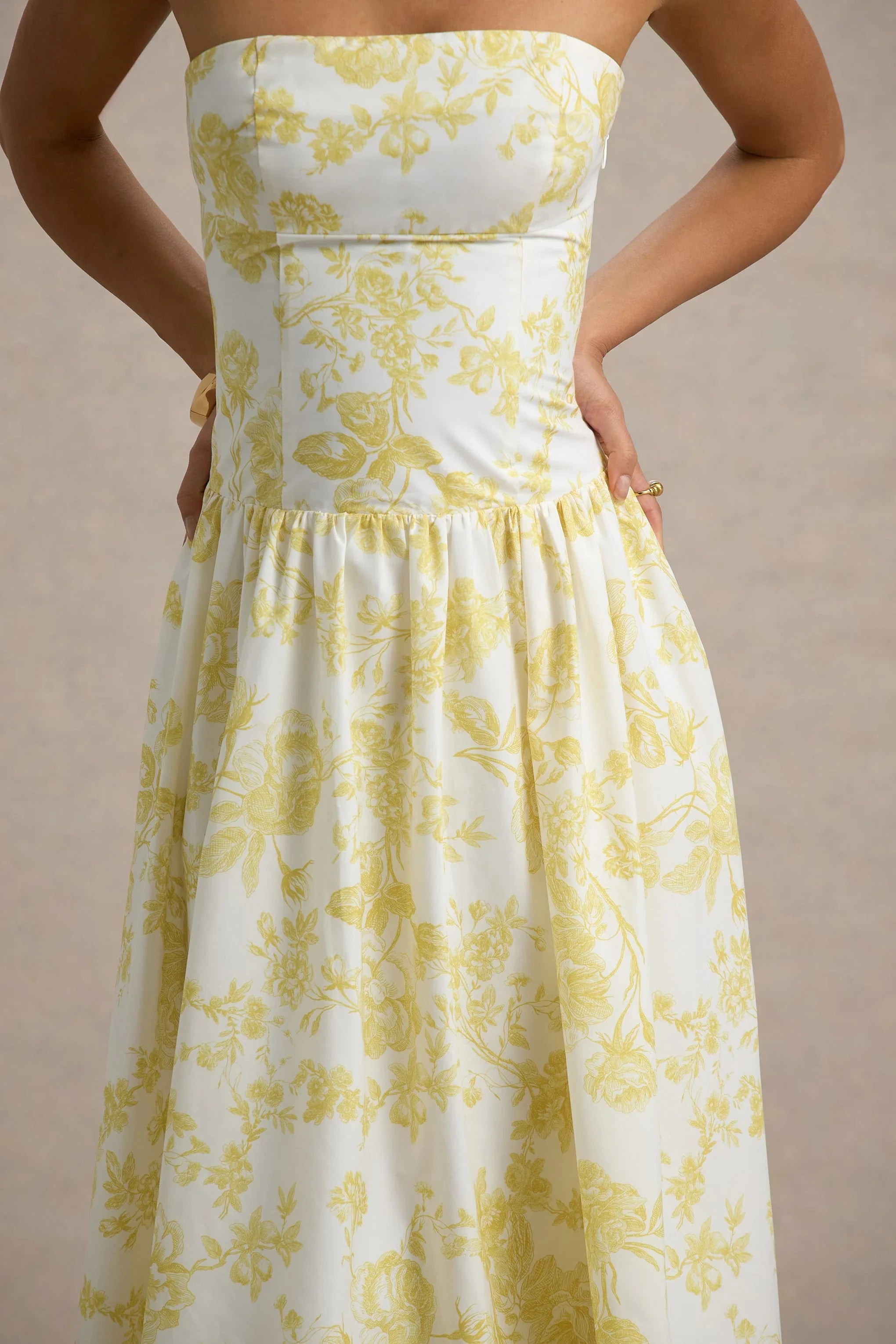 Bluebell Lemon Porcelain Print Poplin Bandeau Drop Waist Midi Dress