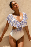 Paros Wisteria Print Plunge Neck Ruffled Swimsuit