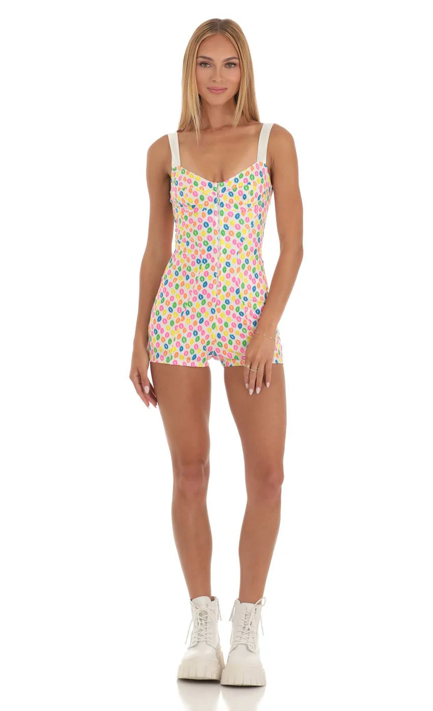 Hook and Eye Romper in Multi Kiss Print