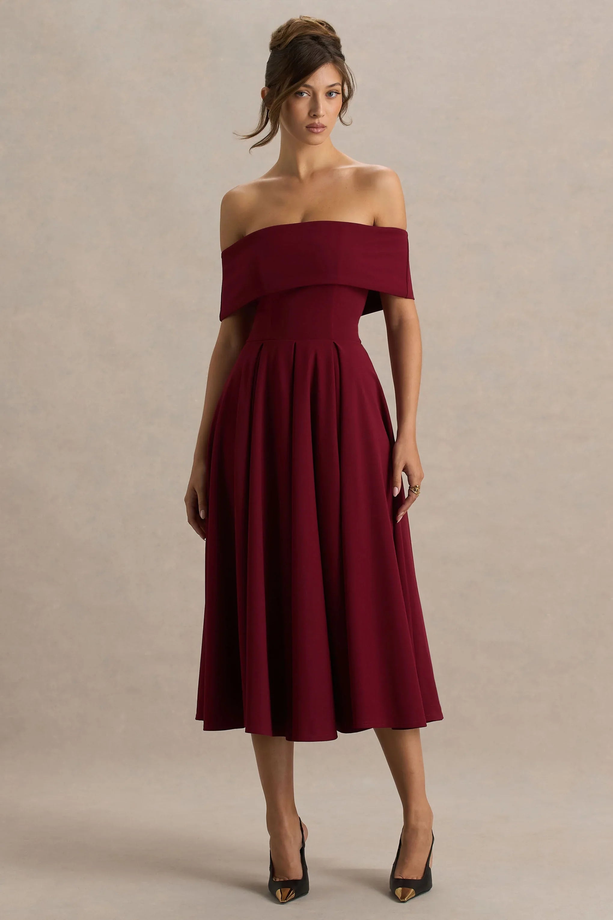 Isabella Burgundy Bardot Neck Midi Dress