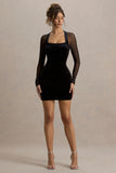 Off Piste Black Velvet Bodycon Mini Dress With Sheer Sleeves