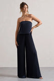 Tammi Navy Satin Strapless Plisse Wide Leg Jumpsuit