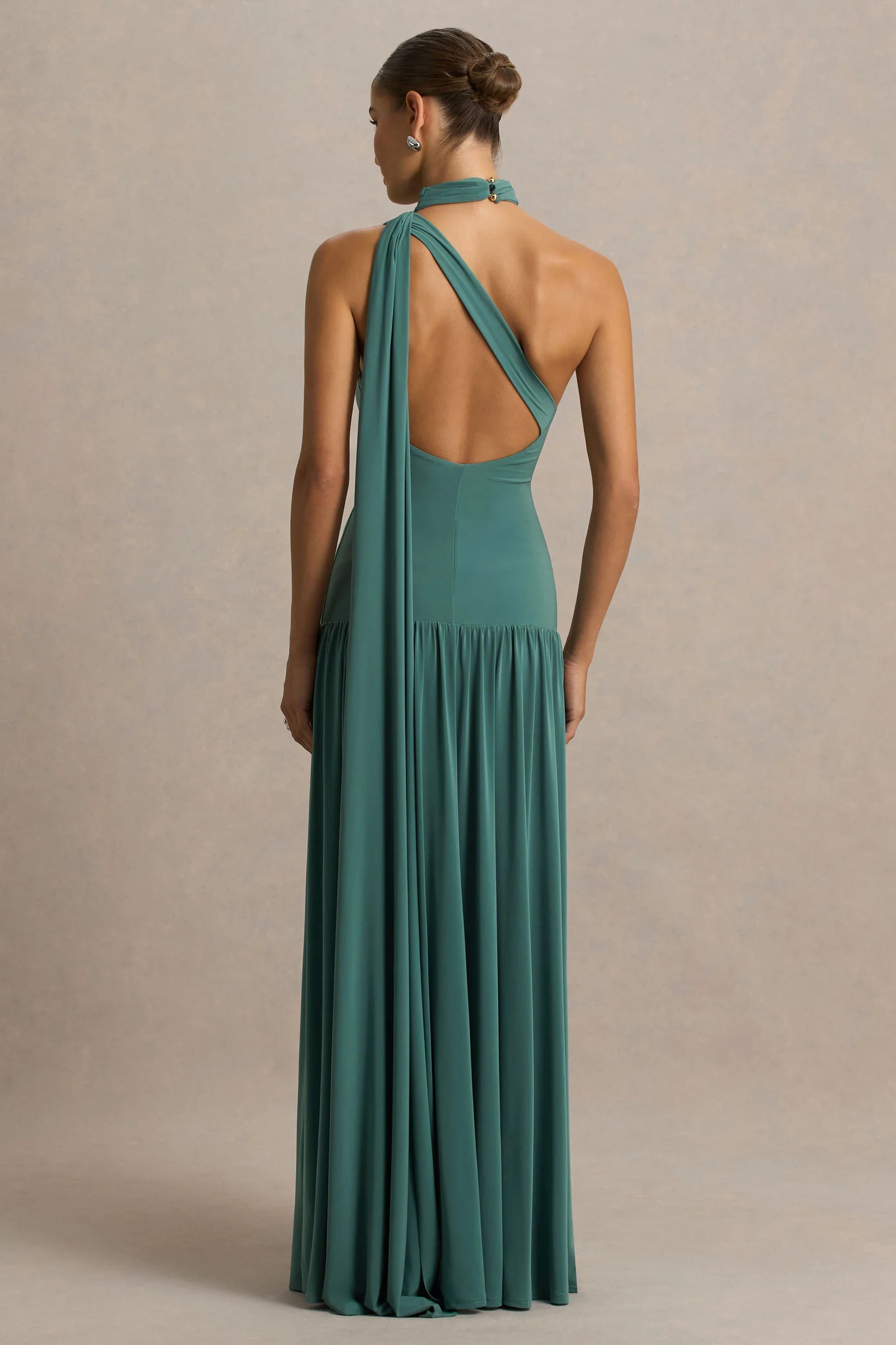 Freesia Teal Asymmetric Neck Maxi Dress With Scarf Detail
