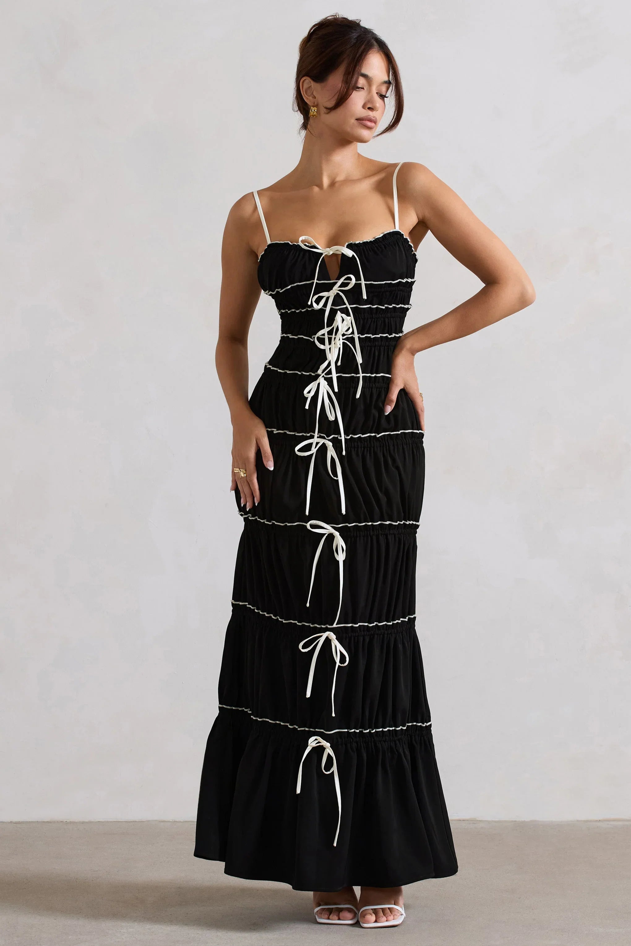 Summer Breeze Black Strappy Gathered Tiered Maxi Dress
