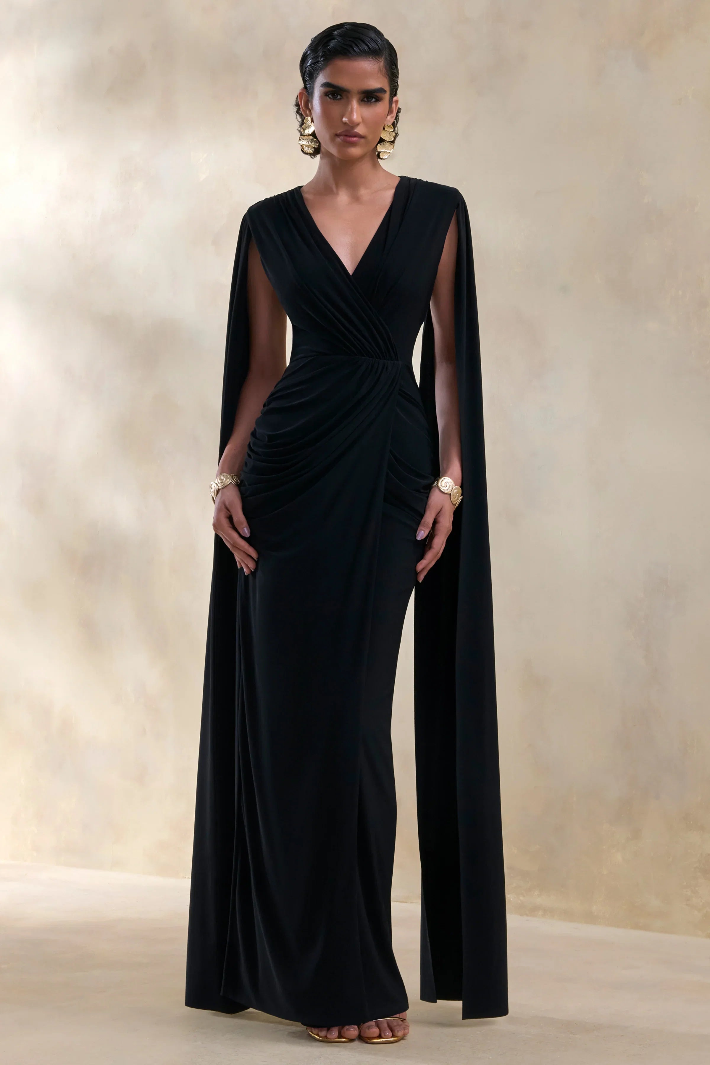Ulissia Black V Neck Maxi Dress With Cape Sleeves