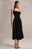 Esmeray Black Velvet Sweetheart Neck Midi Dress