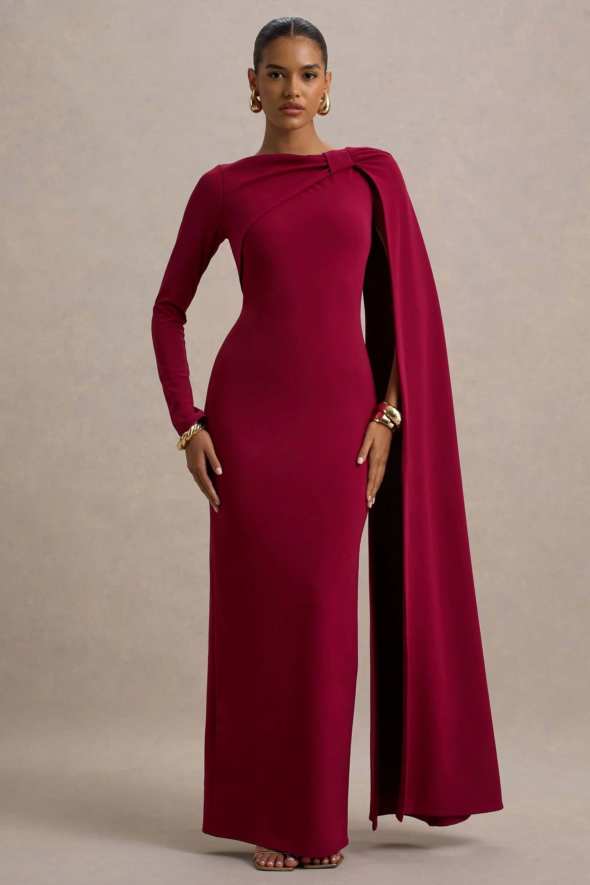 Frances Burgundy High Neck Maxi Dress With Cape Detail