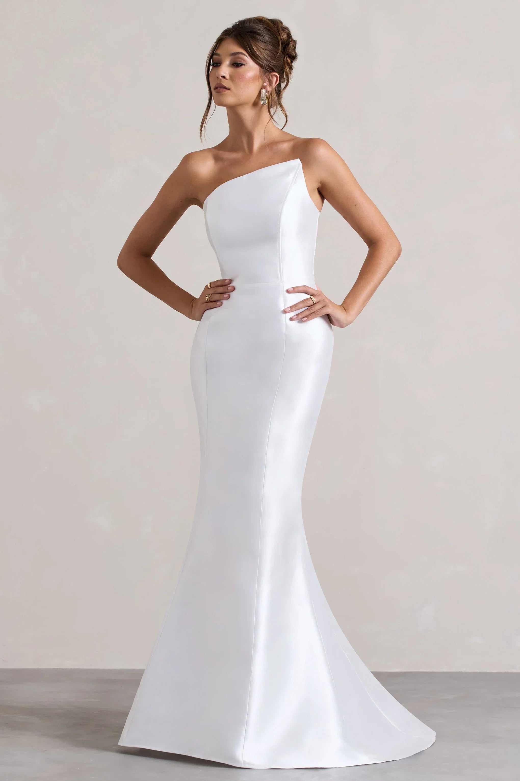 Define White Satin Asymmetric Fishtail Maxi Dress