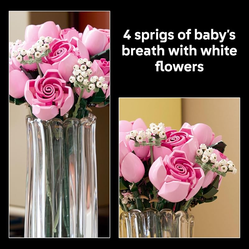LEGO Botanicals Bouquet of Pink Roses Artificial Flowers Building Blocks for Adults Ages 18 Gifts for Birthdays for Her Flowers for Home Office Shelf or Room Decor 10374