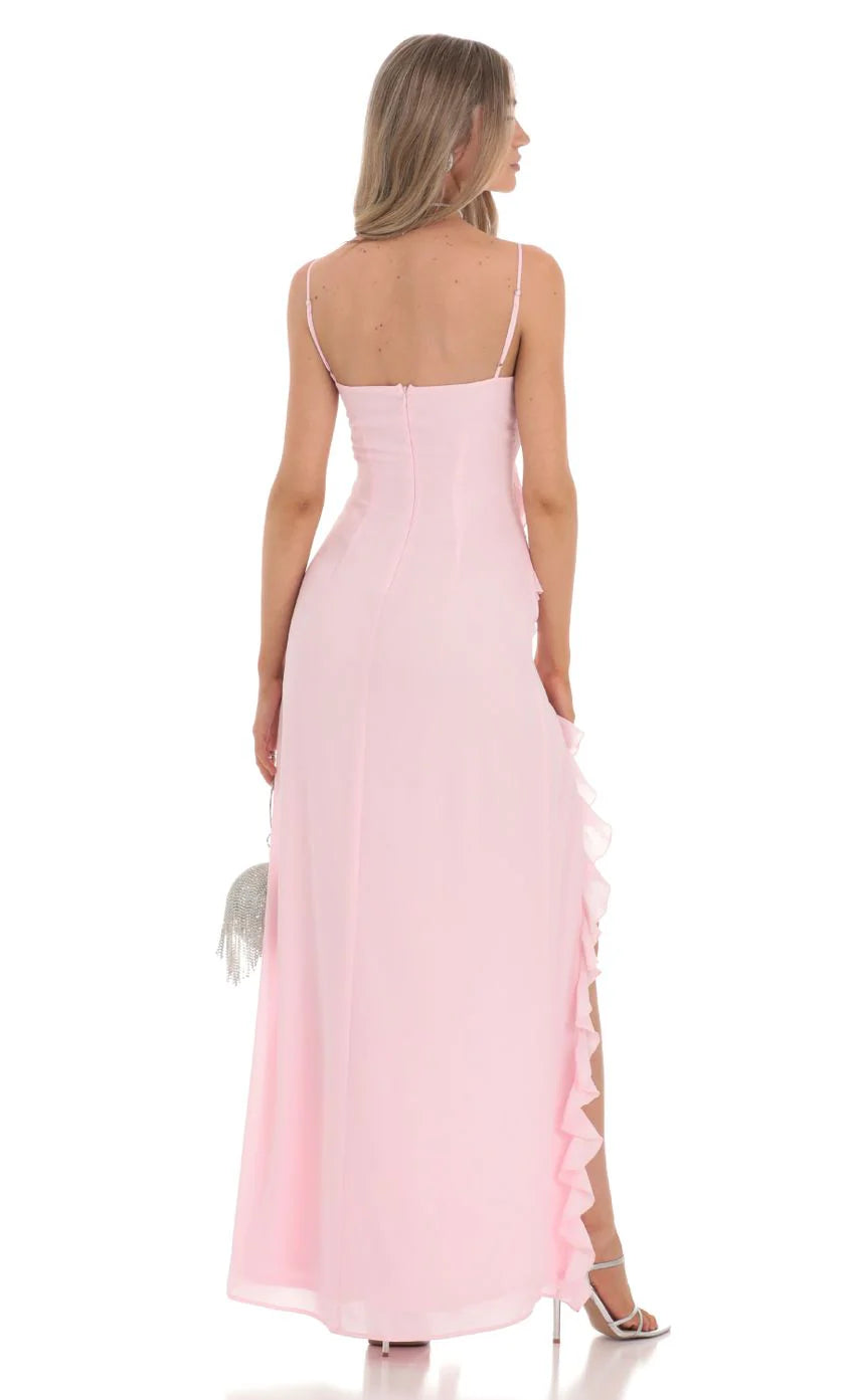 Ruffle V Neck Maxi Dress in Pink