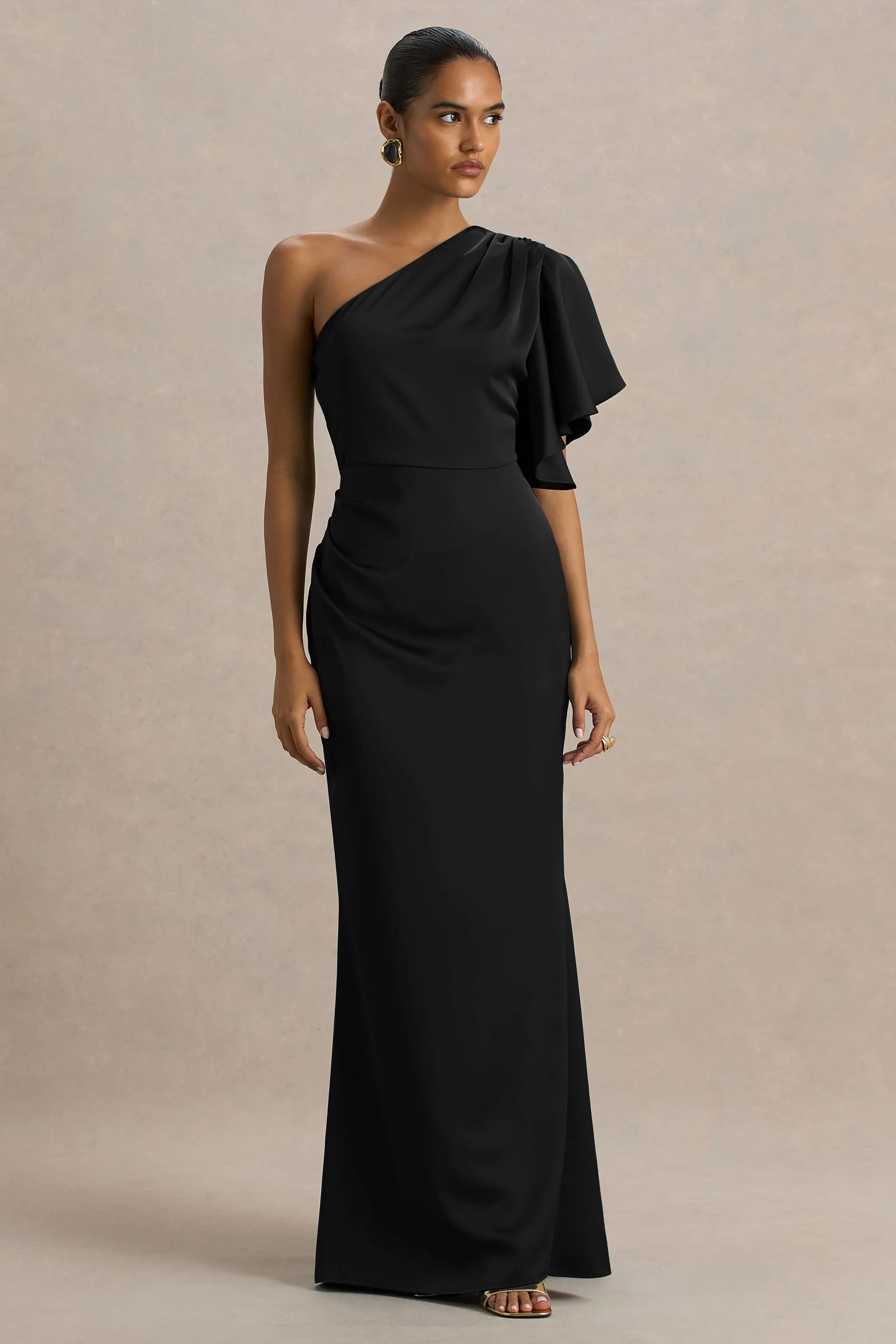 Unforgettable Black Asymmetric Neck Maxi Dress With Ruffled Detailing
