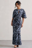 Elidy Animal Print Ruched Flutter Sleeve Cut Out Maxi Dress