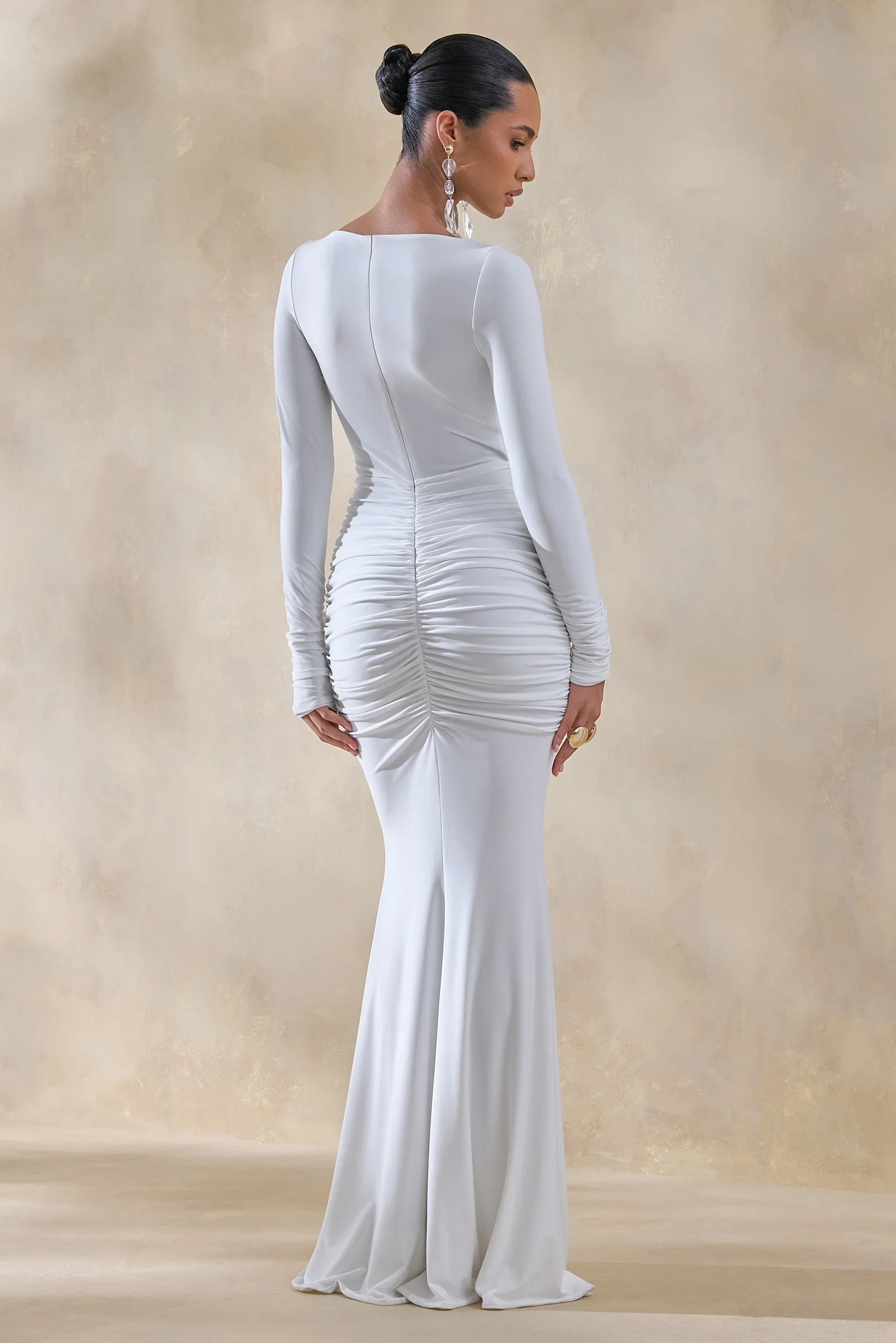 Liatris White Wide Neck Maxi Dress With Gathered Detailing