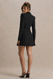 Blossoming Black Plunge Neck Tailored Mini Dress With Pleating