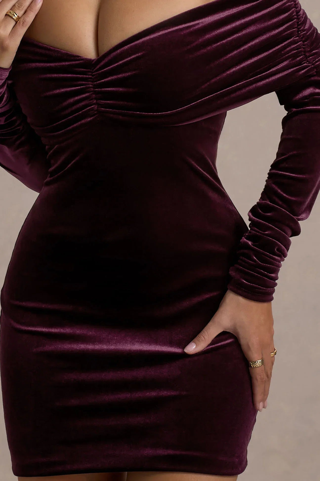 Gilda Port Velvet Bardot Long Sleeve Mini Dress