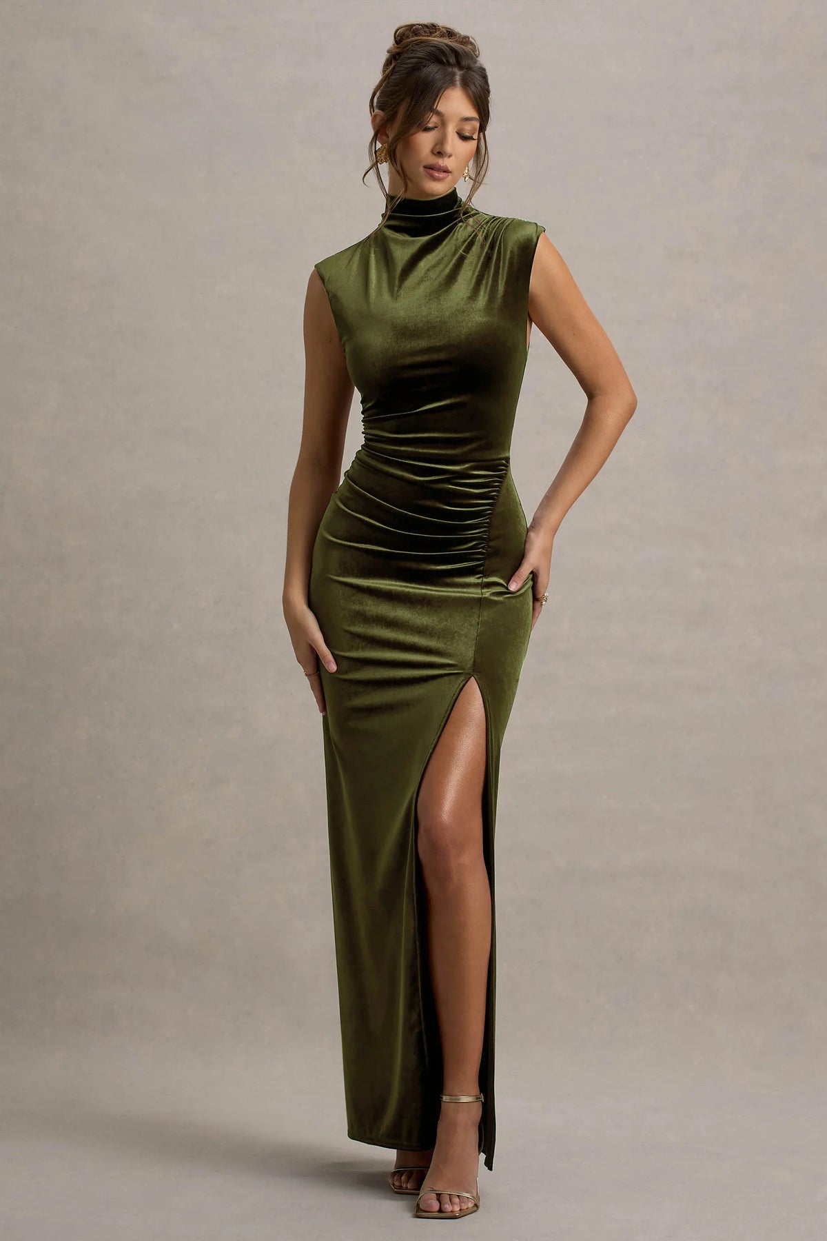 Abilene Olive Velvet High Neck Split Maxi Dress
