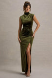 Abilene Olive Velvet High Neck Split Maxi Dress