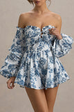 Ithaca Blue Porcelain Print Bardot Ruffled Playsuit