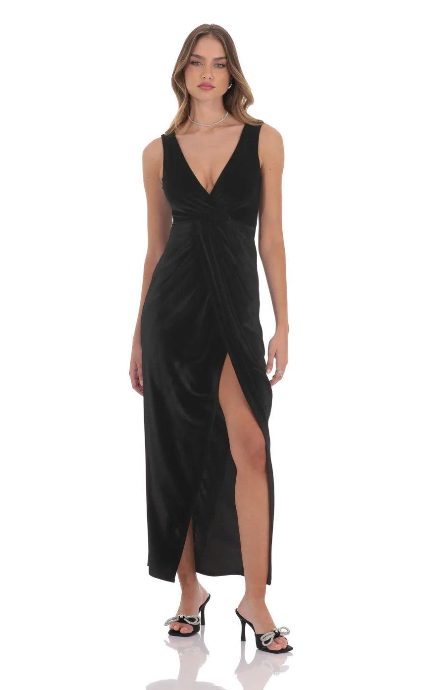 Velvet V Neck Slit Maxi Dress in Black
