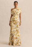 Siora Lemon Rose Print Asymmetric Neck Maxi Dress With Draped Detailing