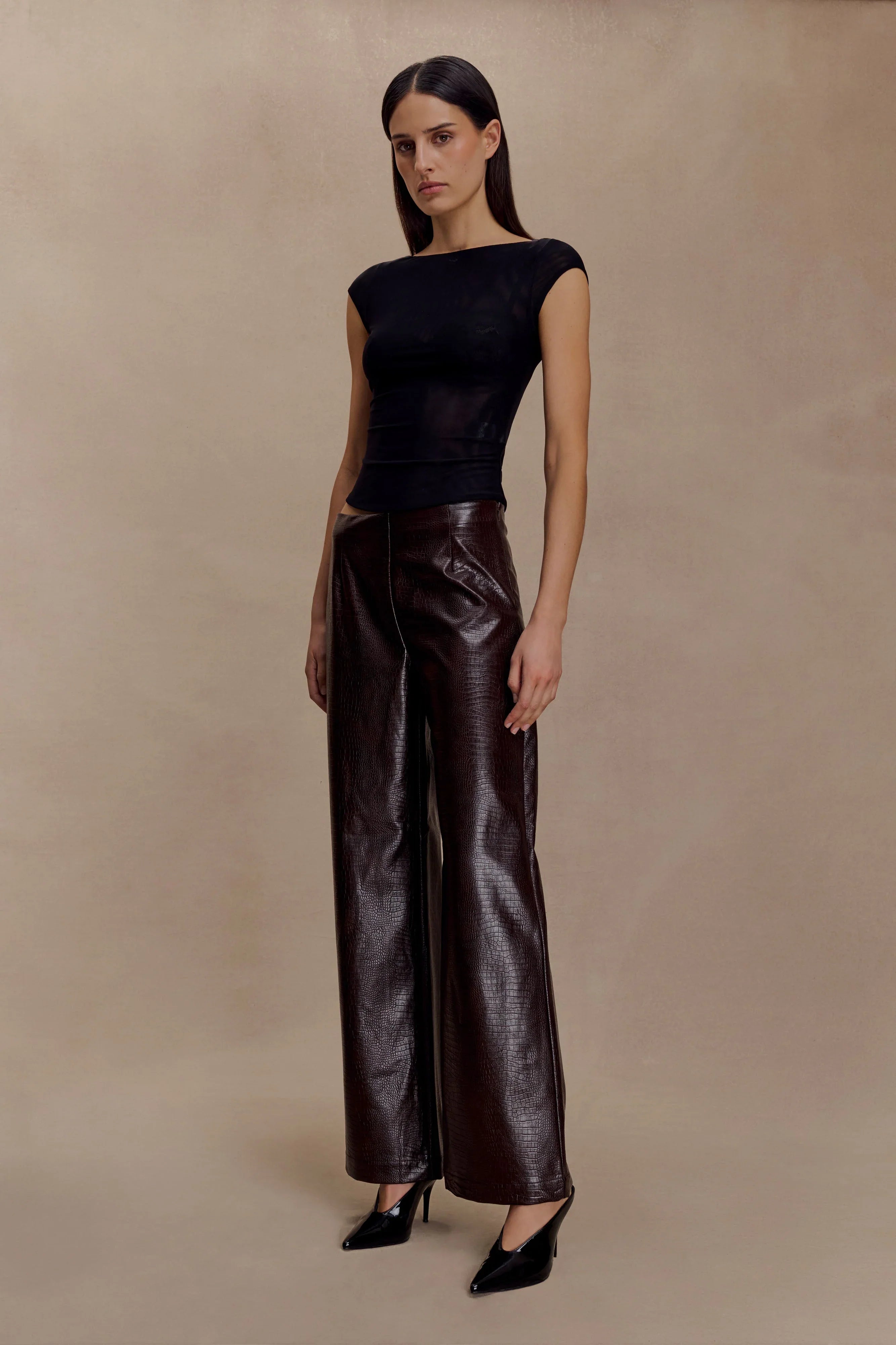 Henry Croc Faux Leather Straight Leg Pants Dark Chocolate