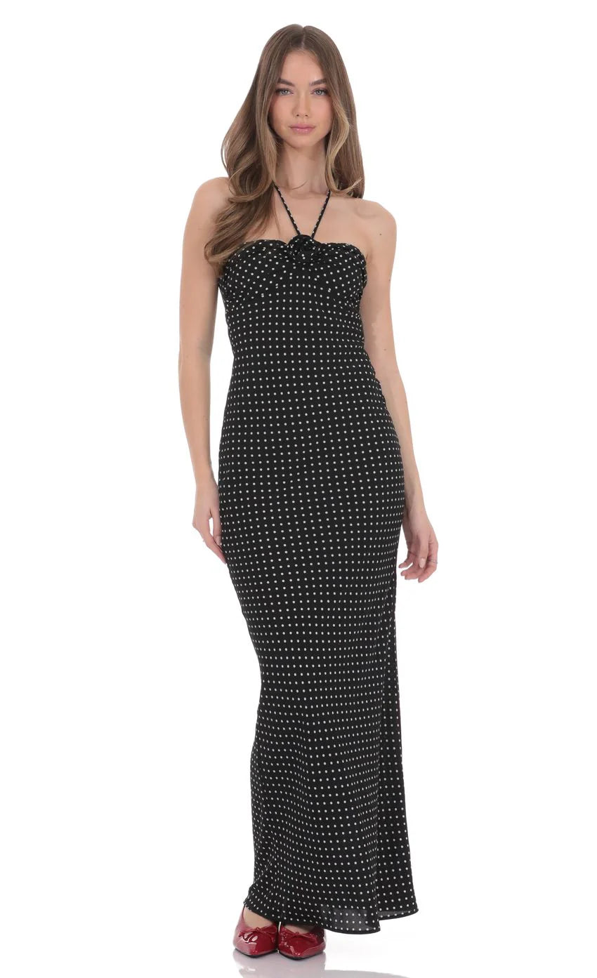 Polka Dot Florette Halter Maxi Dress in Black