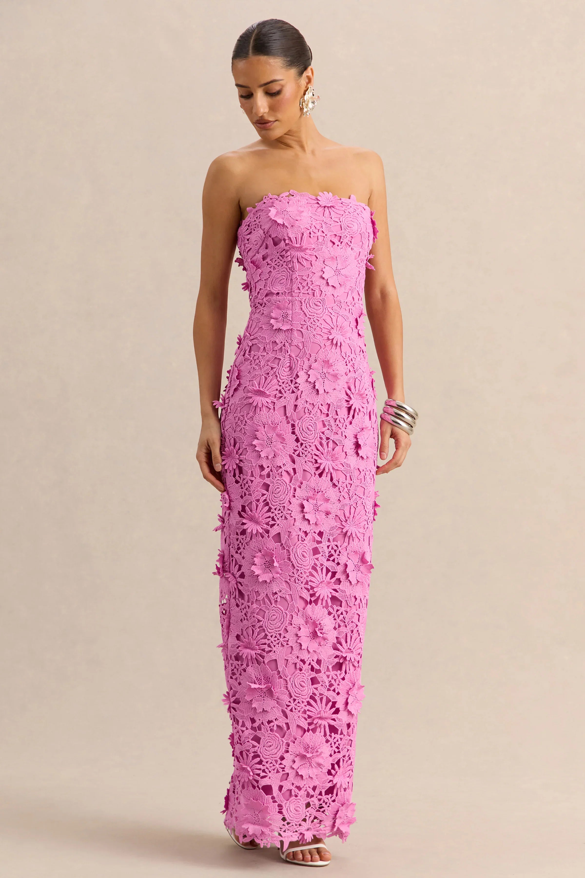 Gracie Pink Lace Bandeau Maxi Dress