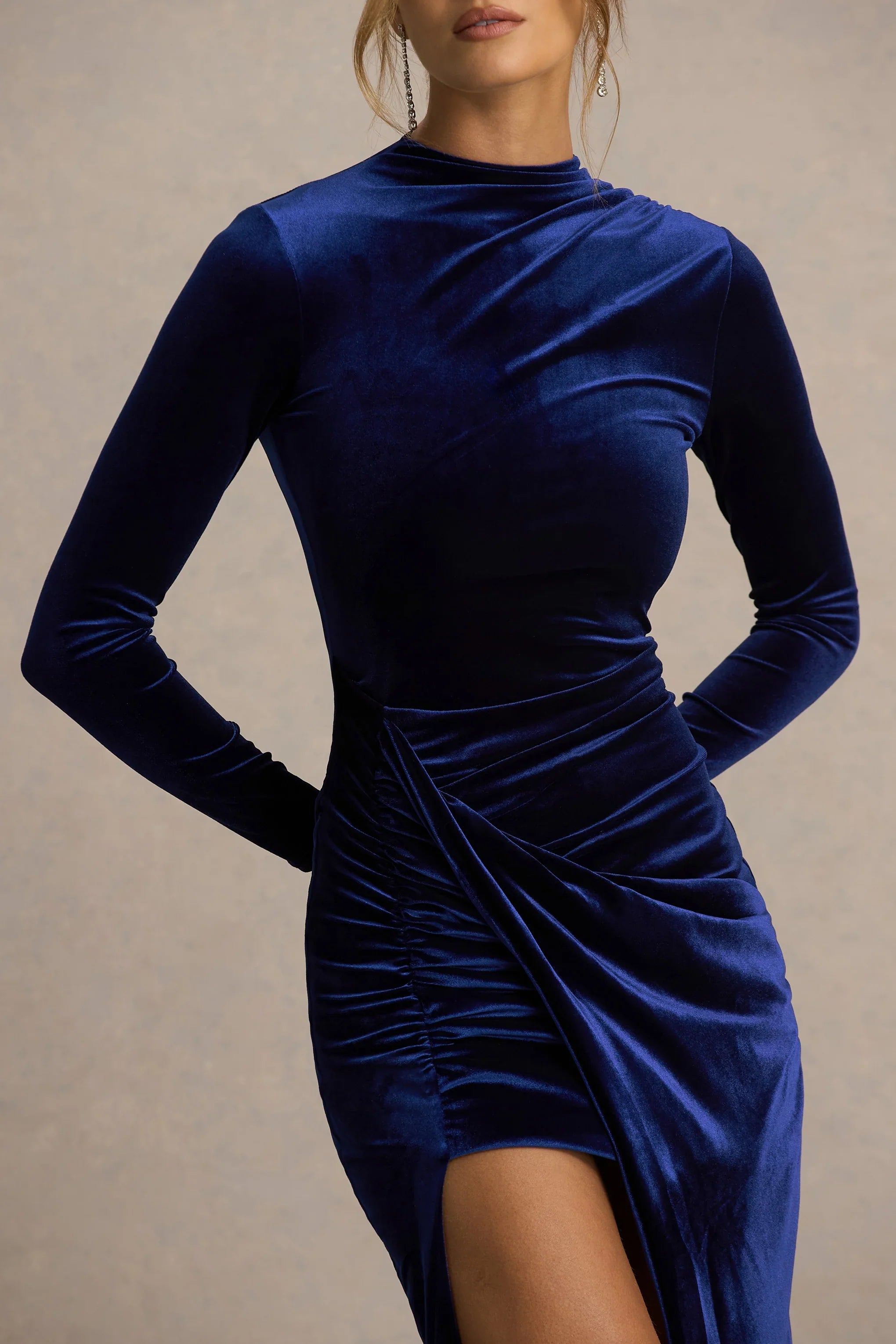 Wishes Navy Velvet High Neck Maxi Dress With Wrap Skirt