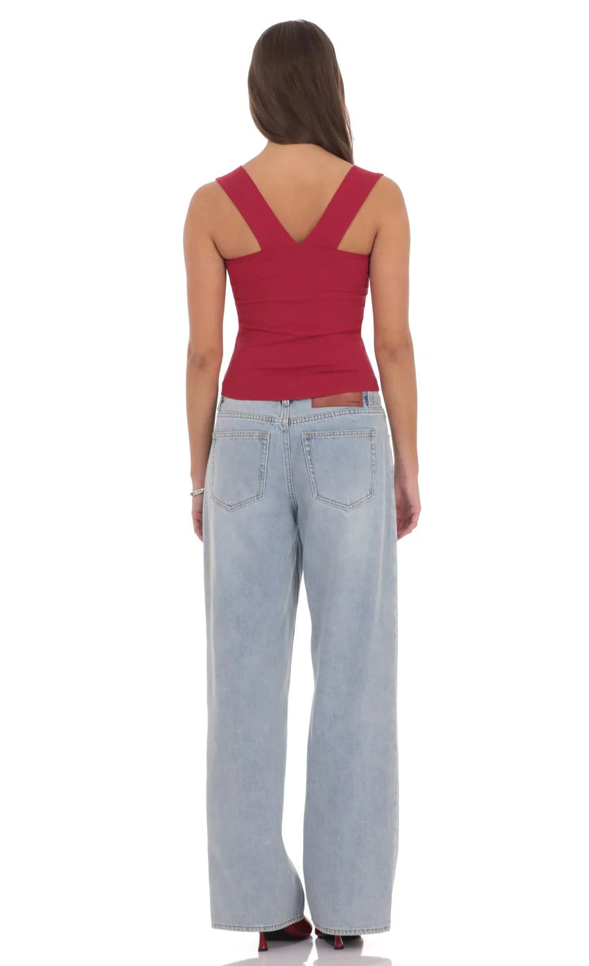 Ribbed Square Neck Top in Red
