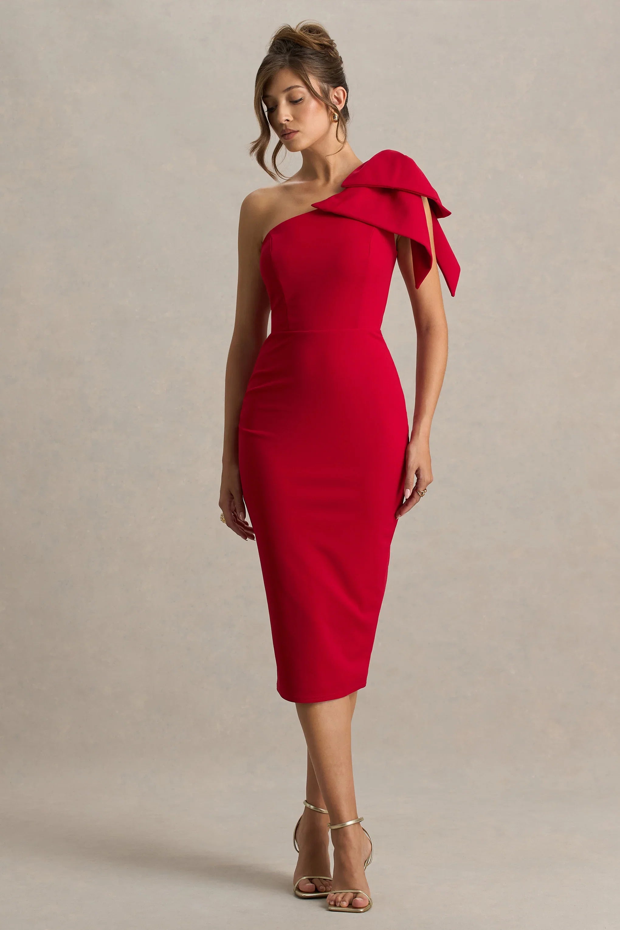 Ambretta Red One Shoulder Midi Dress With Bow