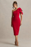 Ambretta Red One Shoulder Midi Dress With Bow