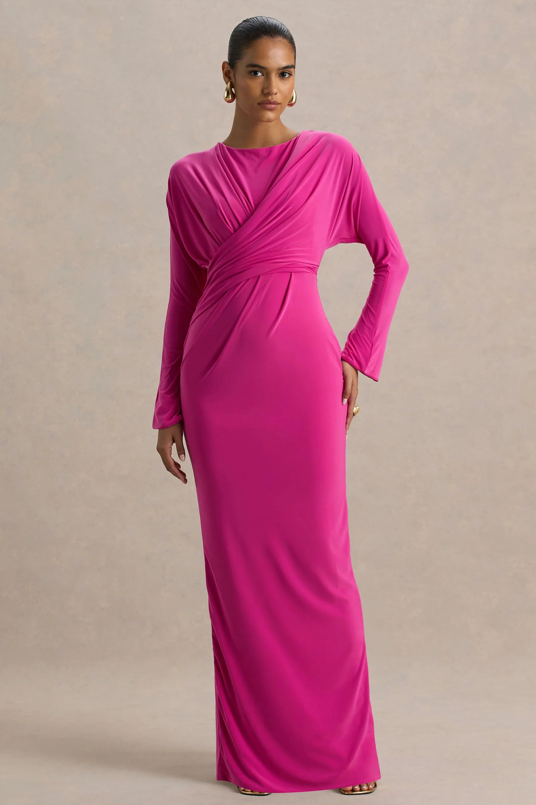 Regina Hot Pink High Neck Draped Wrap Maxi Dress
