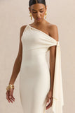Arcelia Cream Asymmetric Neck Midi Dress With Knot Sleeve Detail