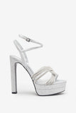 Doll Drama Silver Glitter Diamante Strappy Platform Heels
