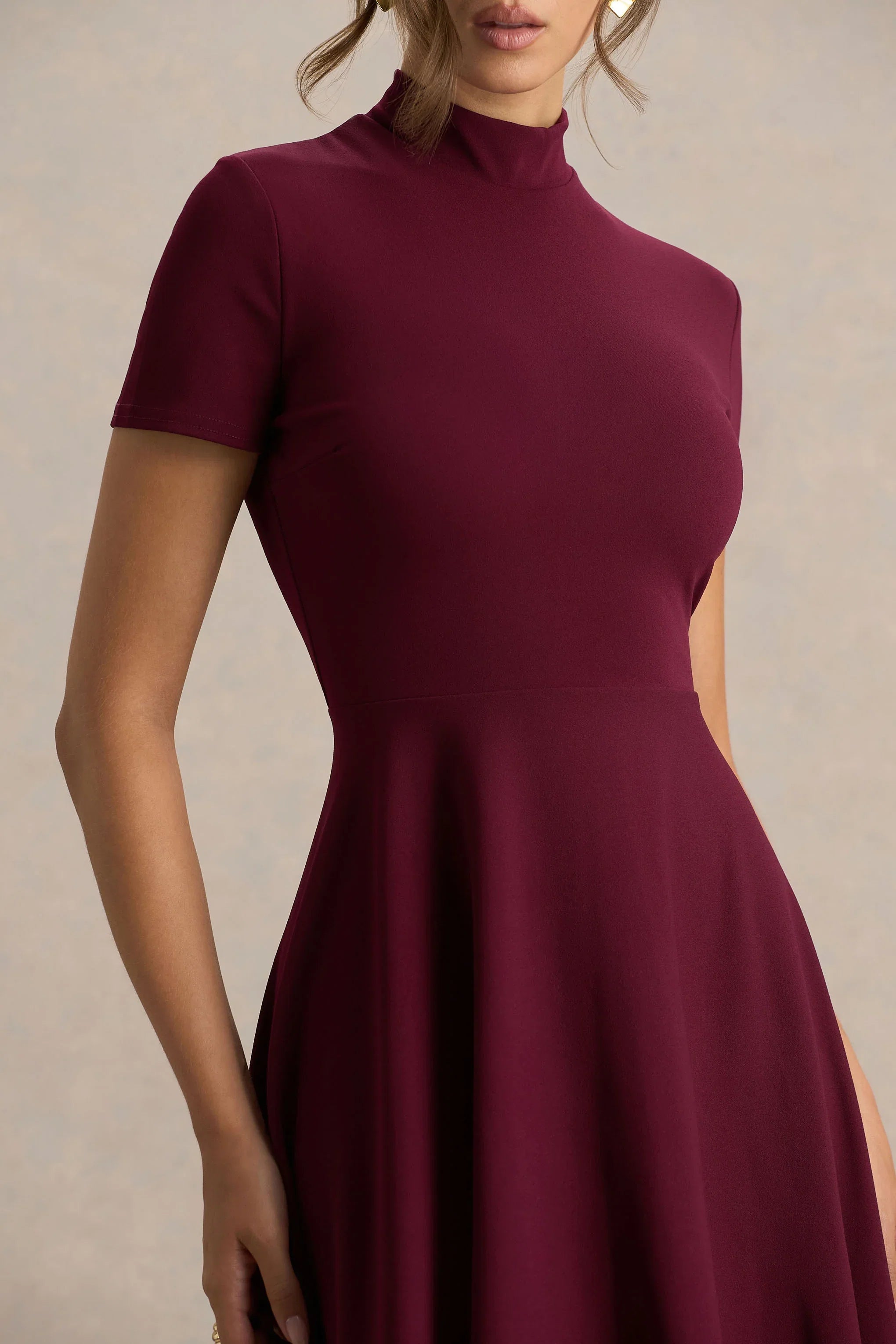 Bellona Burgundy High Neck High Low Midi Dress