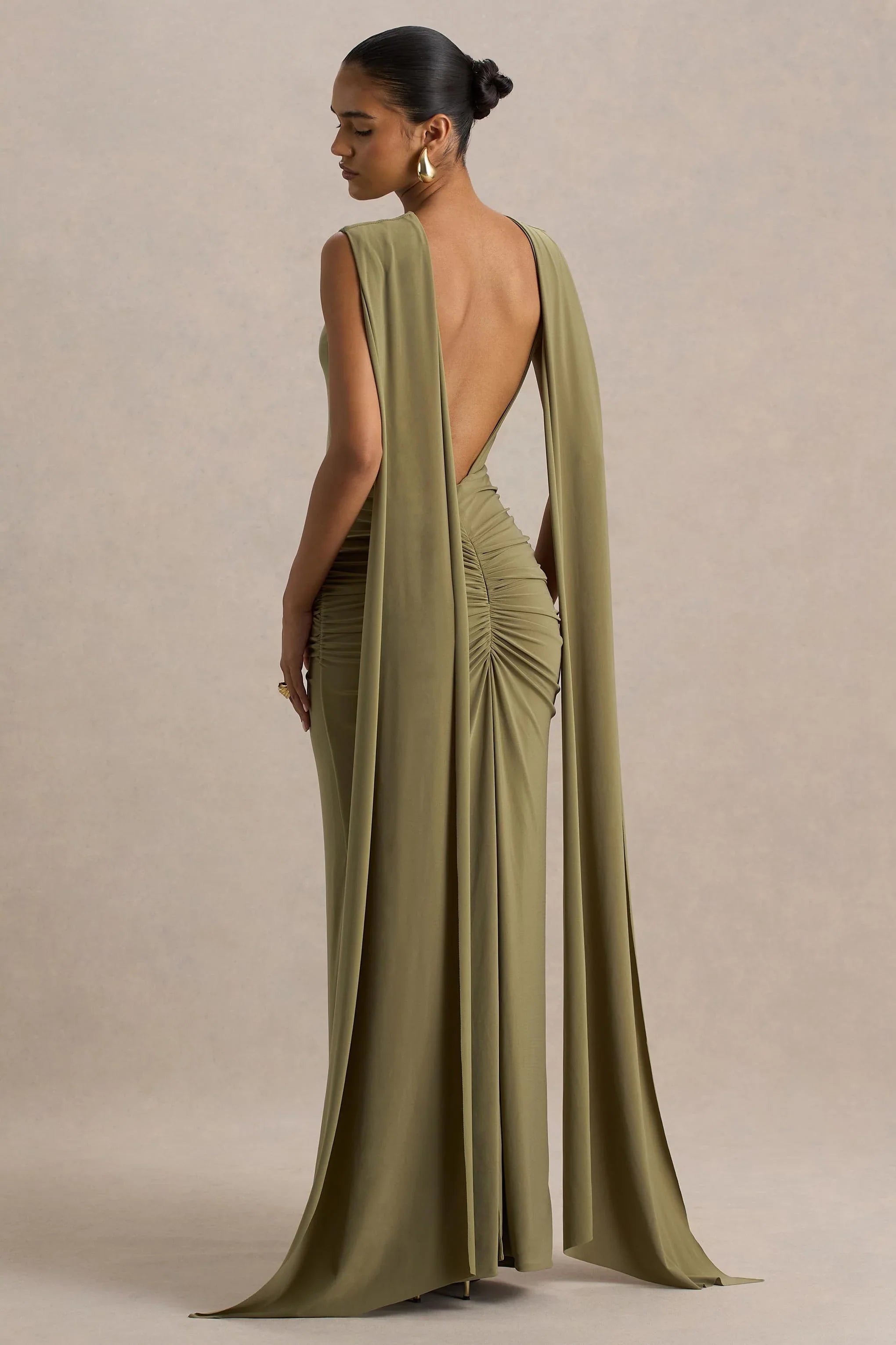 Premiere Olive Boat Neck Maxi Dress With Cape Sleeves And Open Back