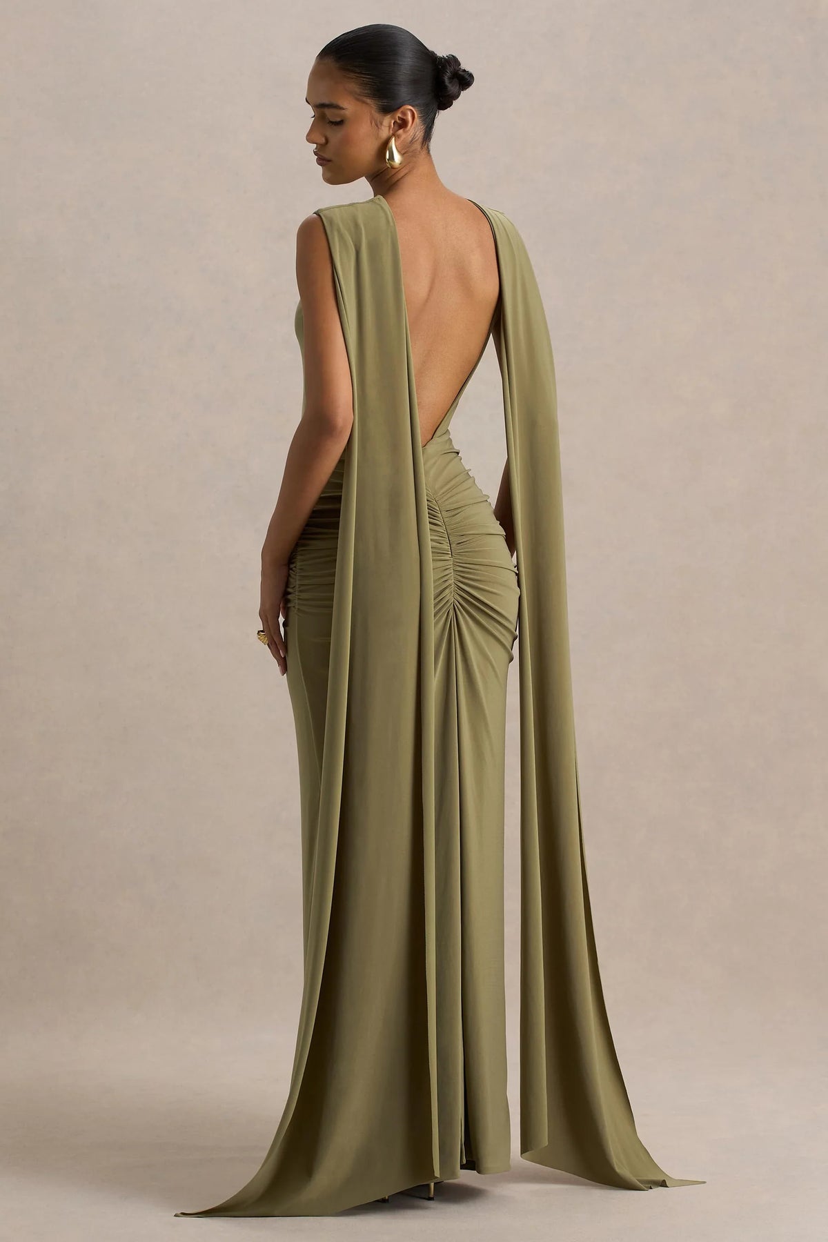 Premiere Olive Boat Neck Maxi Dress With Cape Sleeves And Open Back
