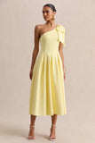 Meria Lemon Asymmetric Neck Midi Dress With Bow Sleeve