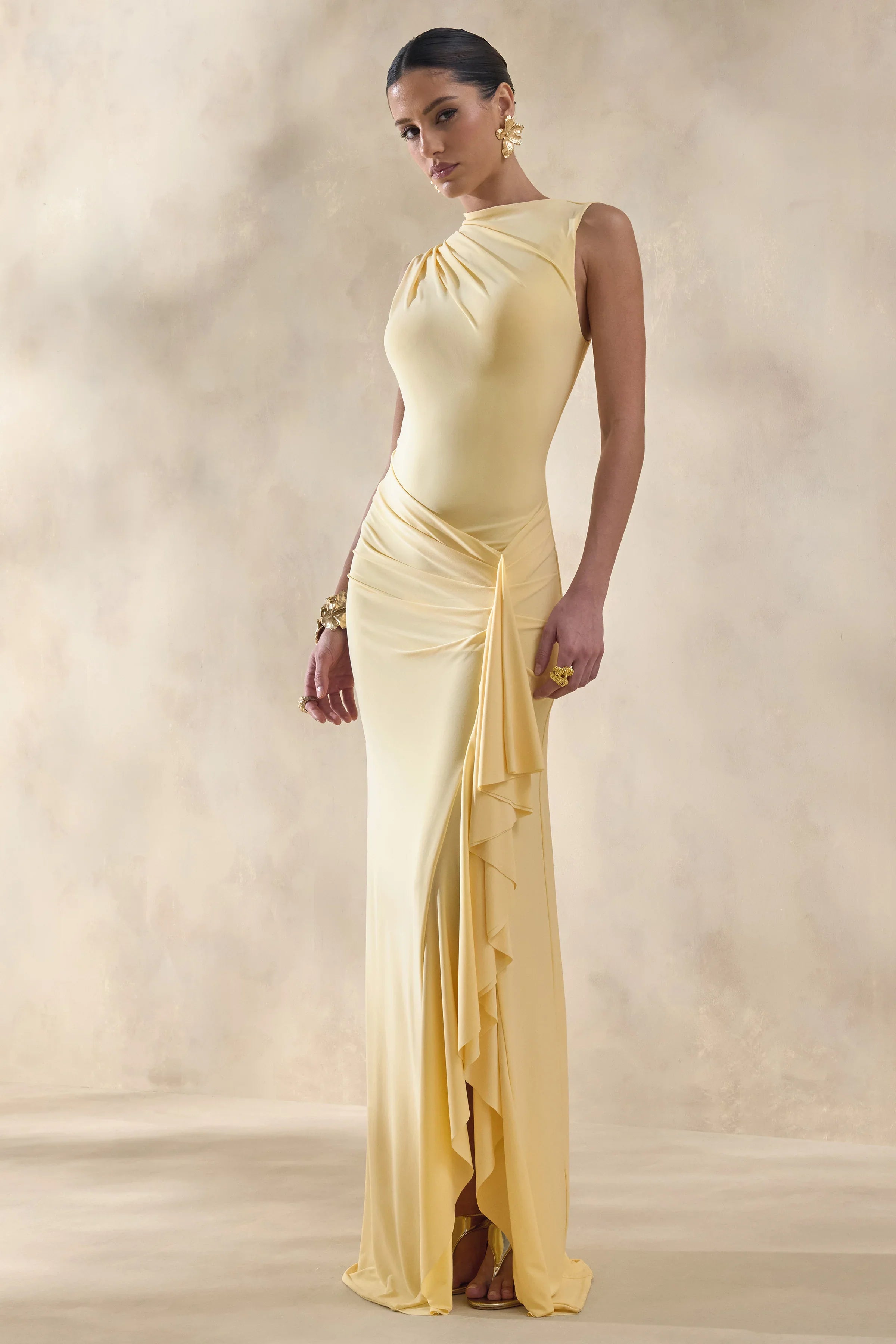 Helessia Lemon Asymmetric Neck Maxi Dress With Gathered Detailing And Sash