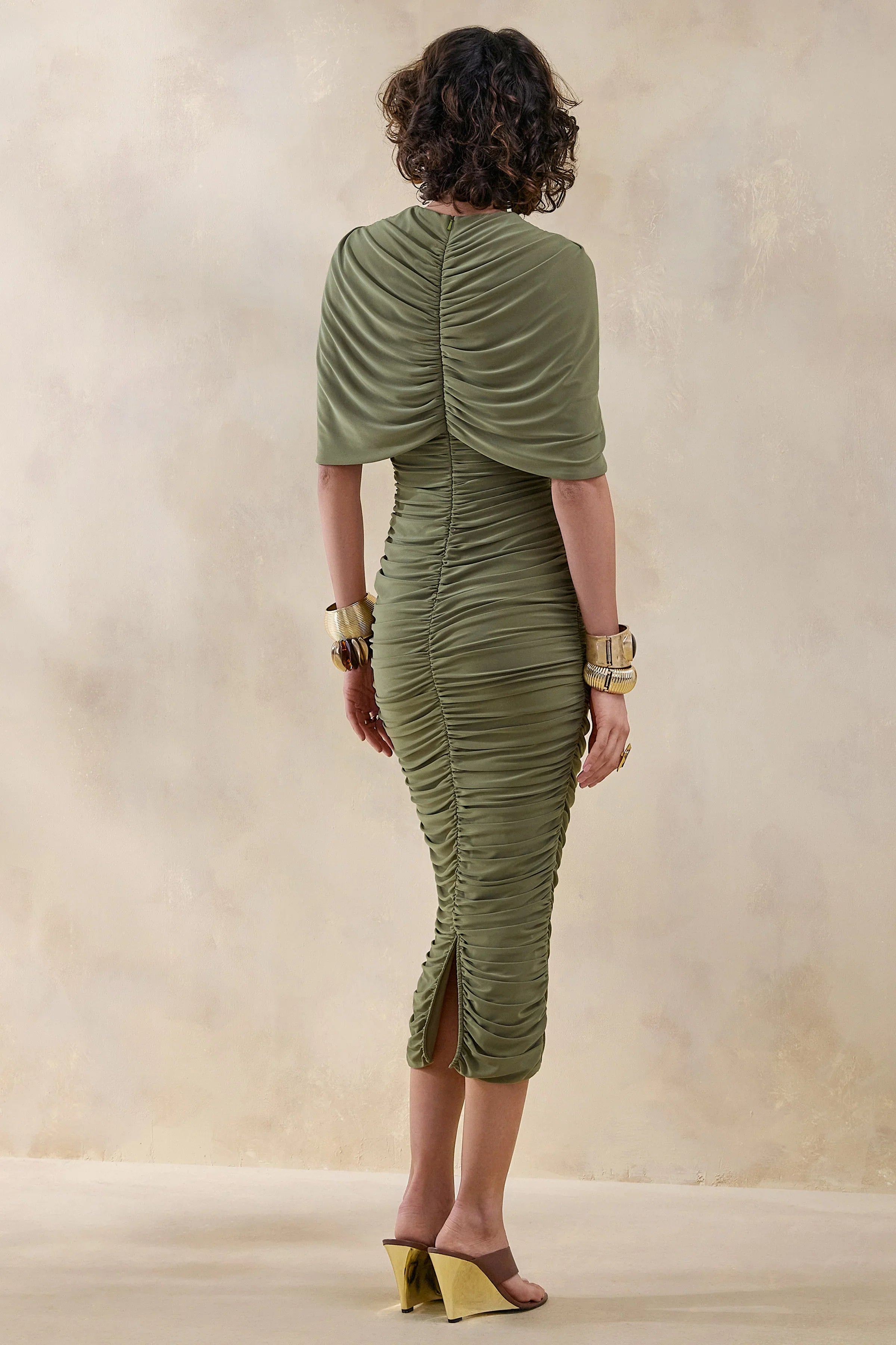 Parisia Olive Round Neck Midi Dress With Cape Detail