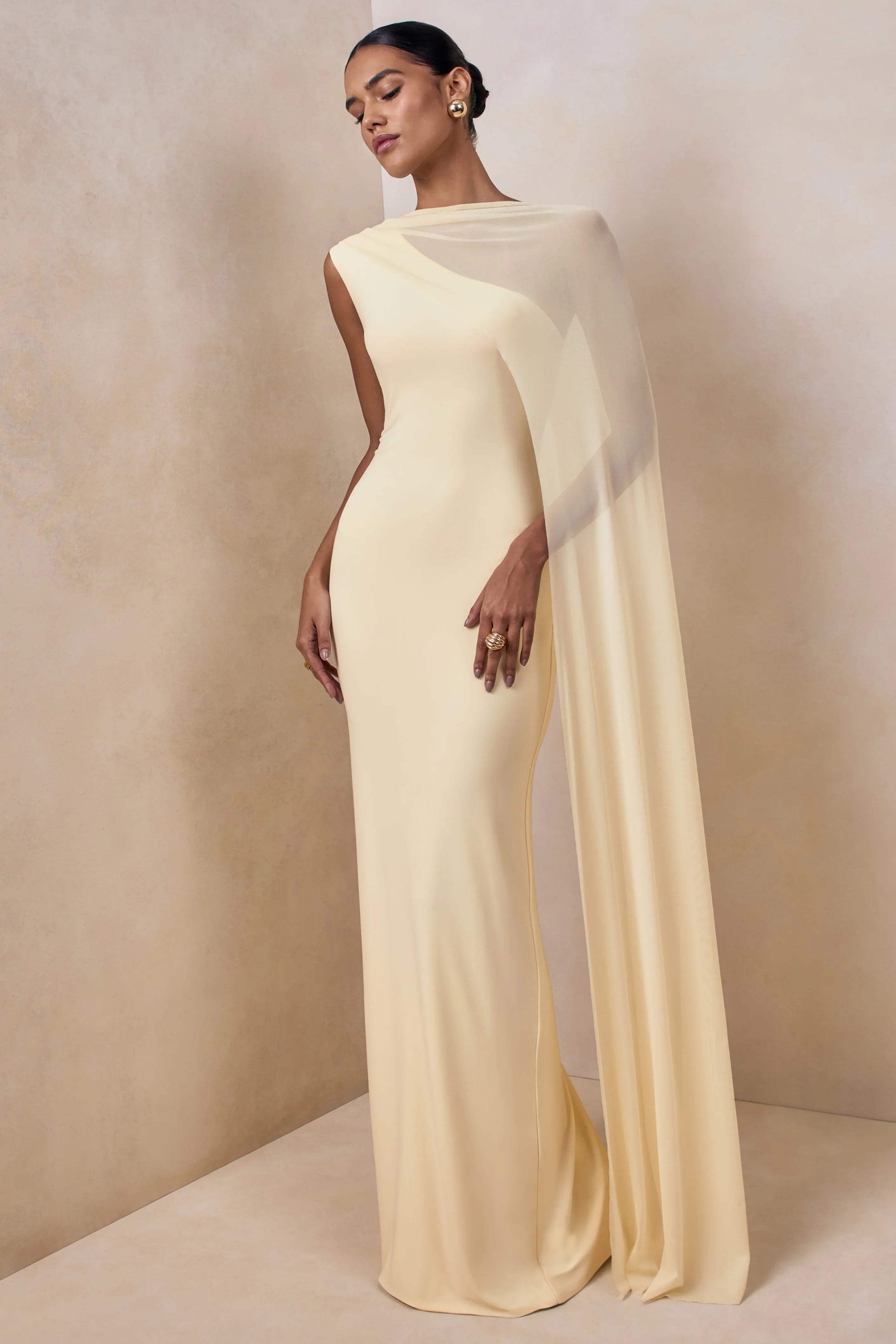 Mirelle Lemon Boat Neck Maxi Dress With Cape Sleeve