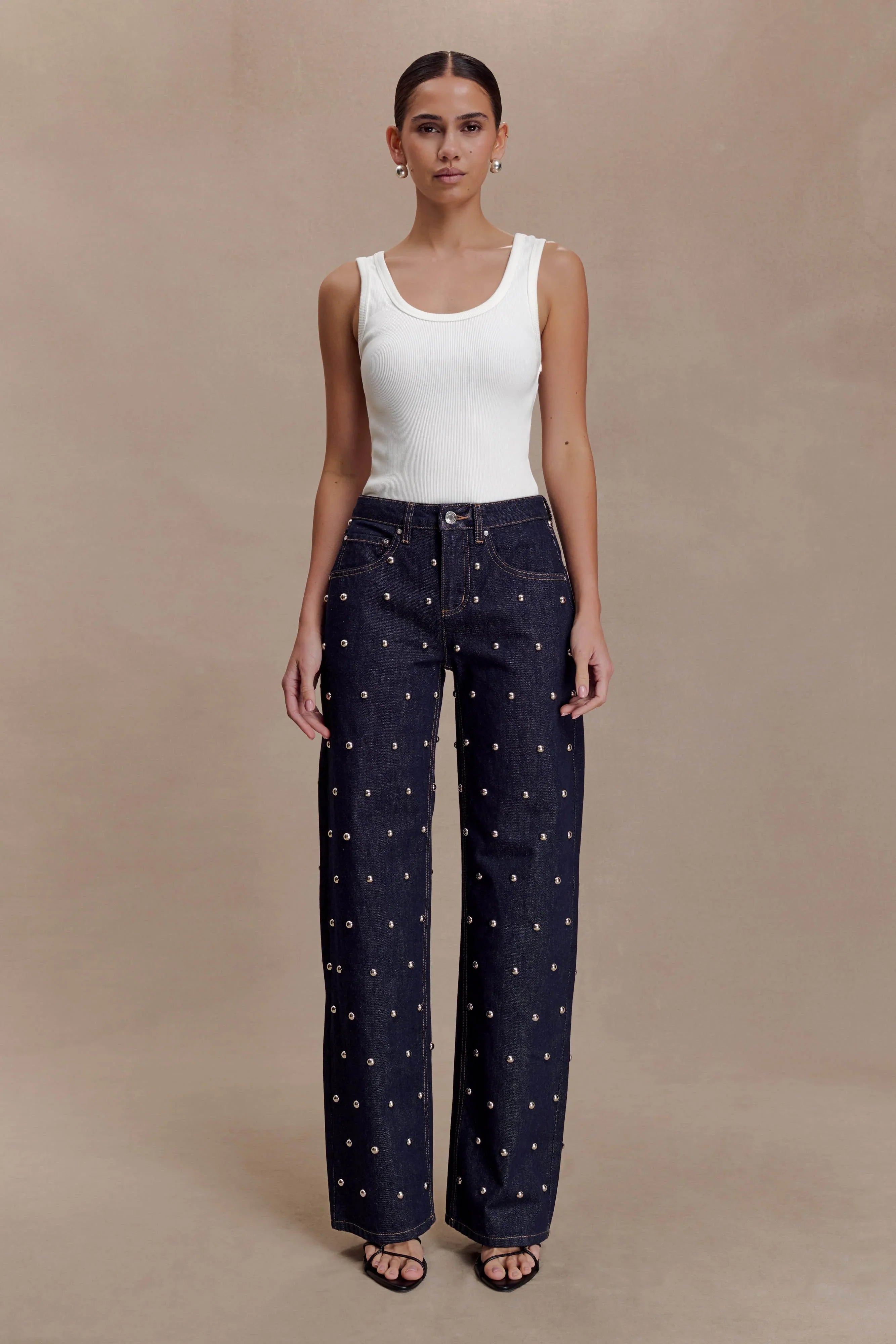 Alima Mid Rise Stud Denim Jeans Washed Indigo Blue