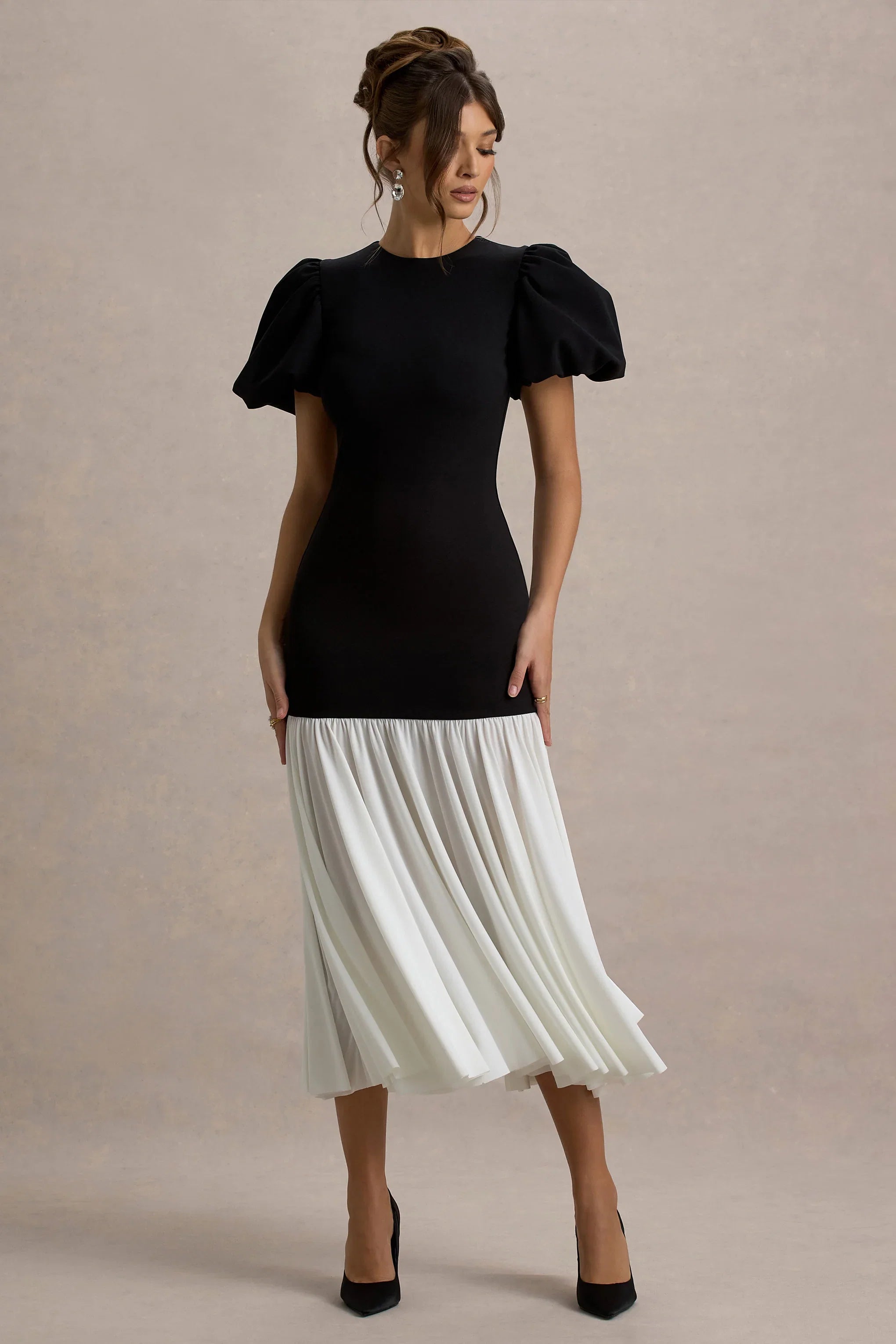 Cinzia Black White Puff Sleeve Volume Hem Midi Dress