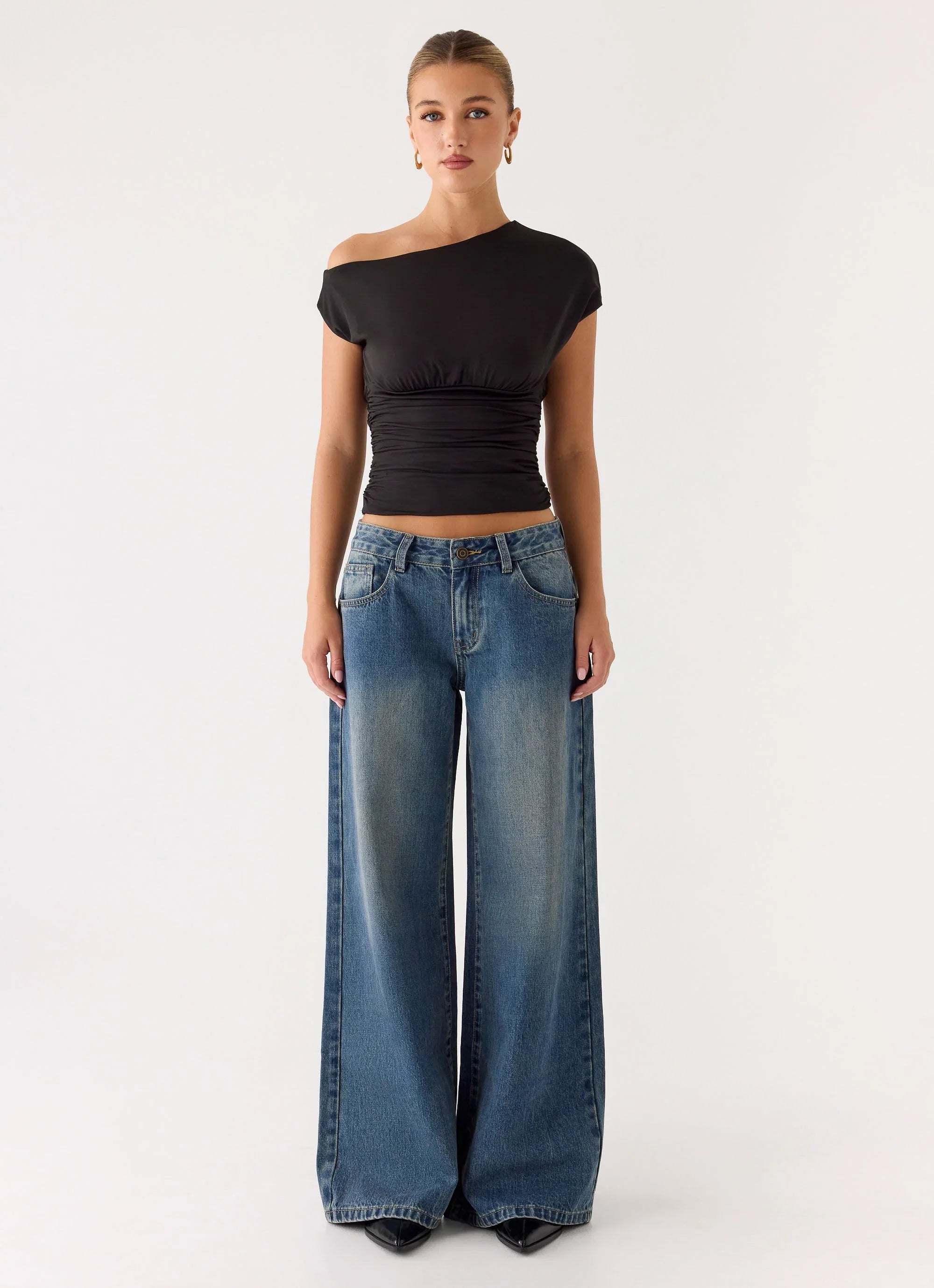 Neo Low Rise Wide Leg Denim Jeans Vintage Blue Bleach Wash