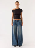 Neo Low Rise Wide Leg Denim Jeans Vintage Blue Bleach Wash