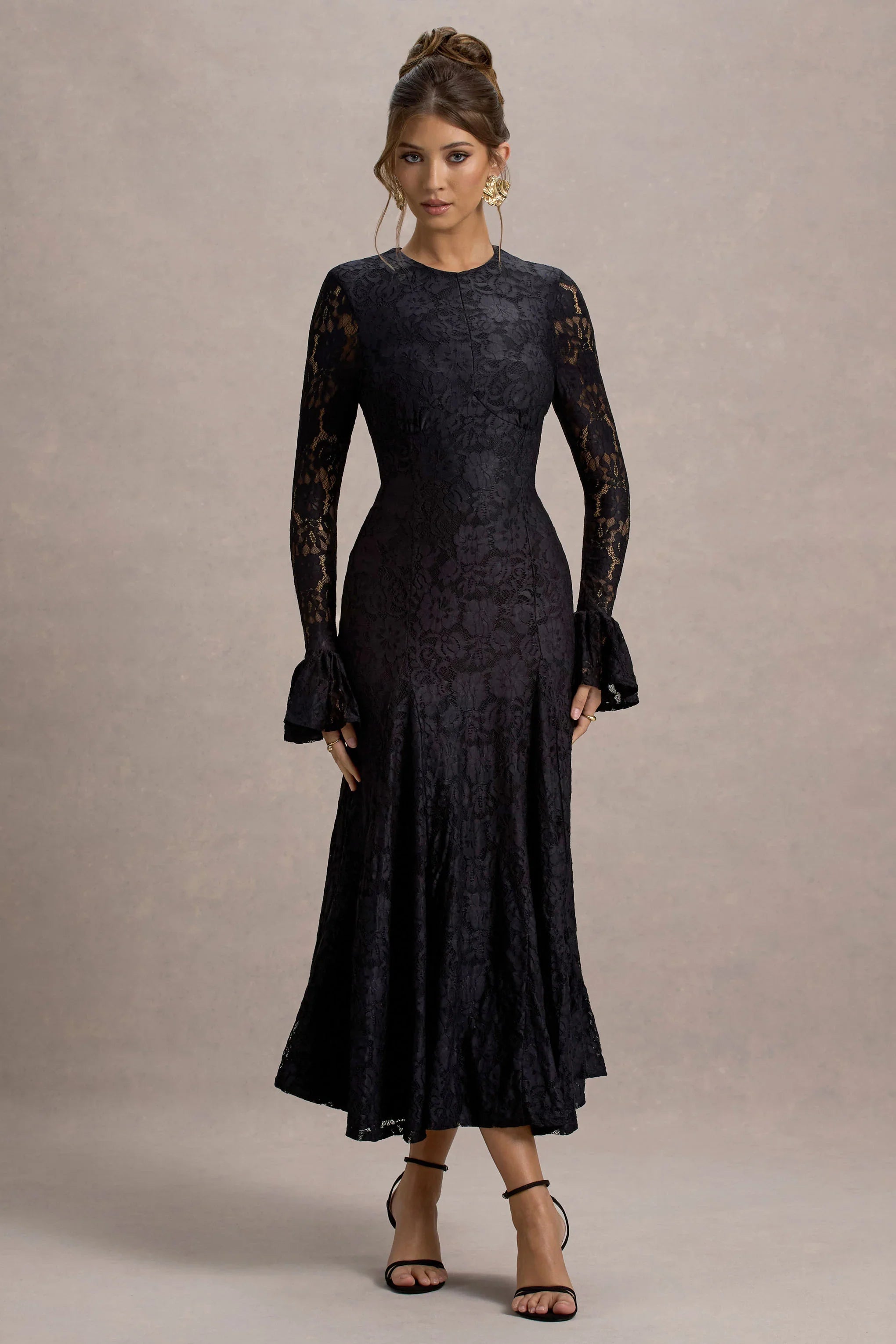 For Life Black Lace Long Sleeve Midi Dress
