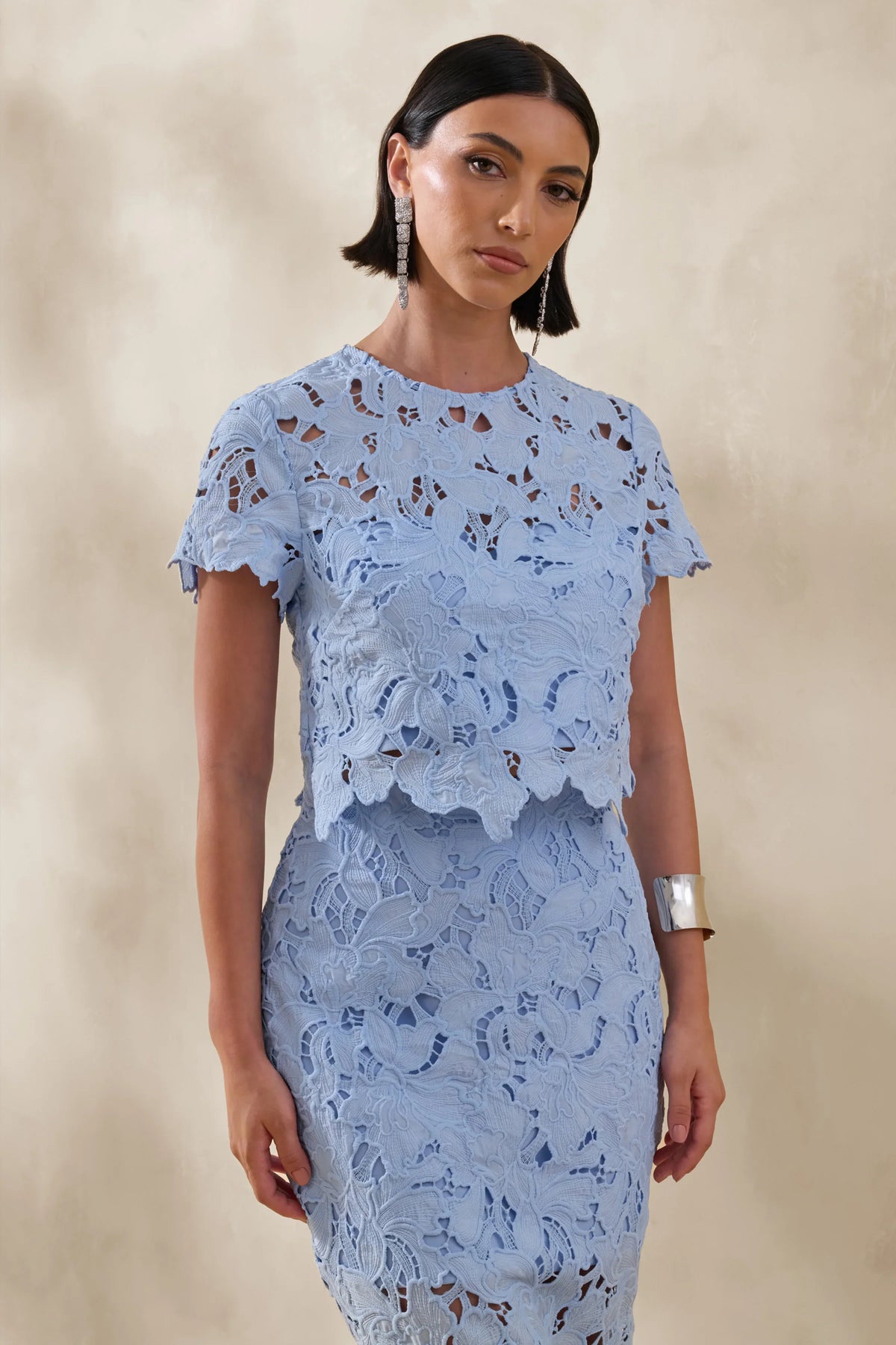 Ina Powder Blue Lace Crew Neck Crop Top