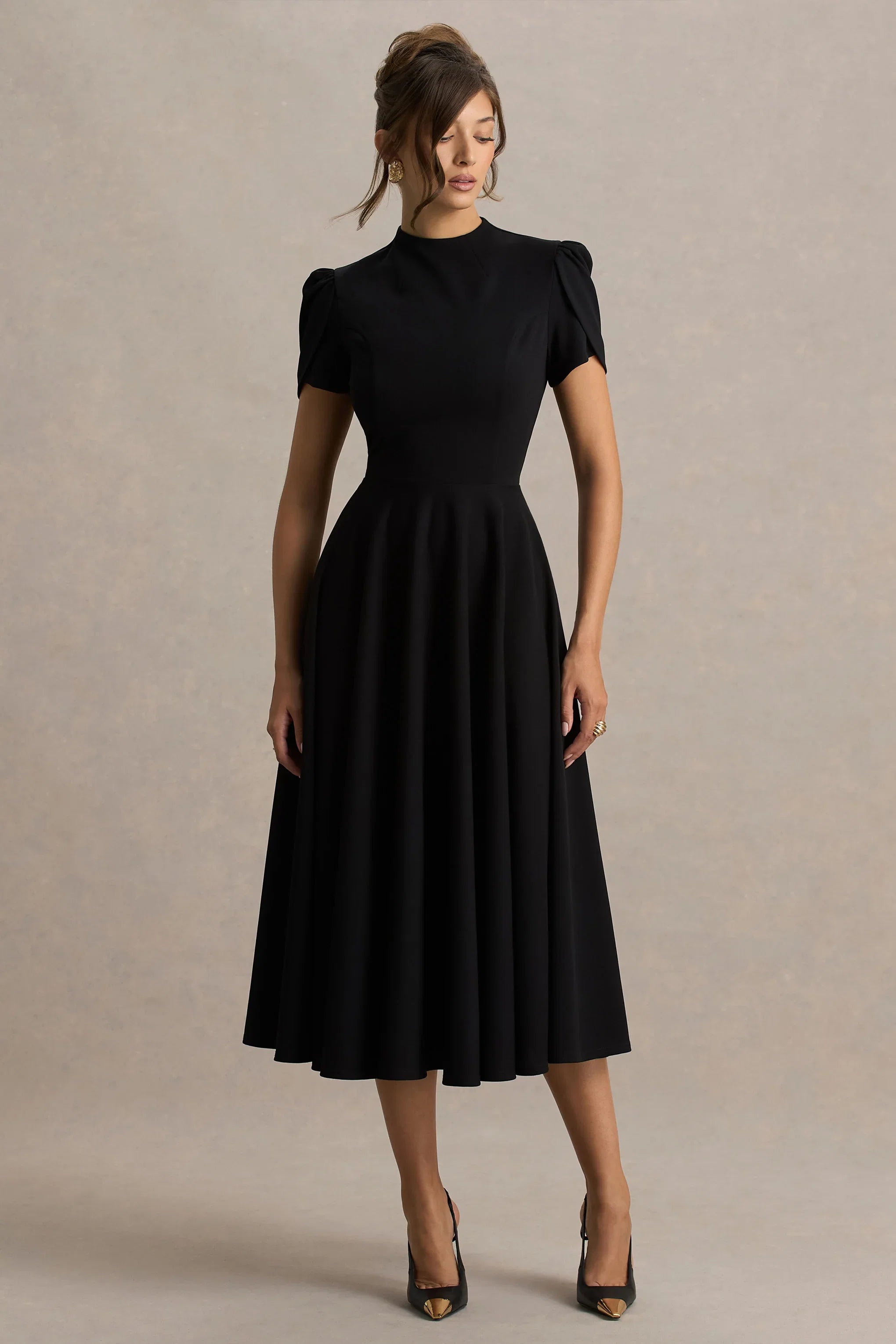 Vicky Black High Neck Midi Dress With Puff Sleeves