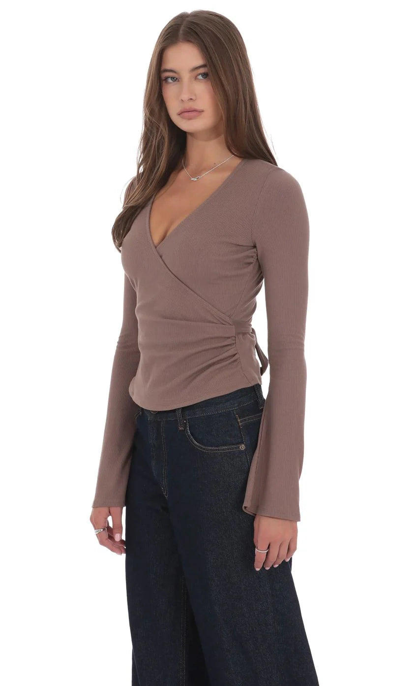V Neck Overlap Top in Taupe